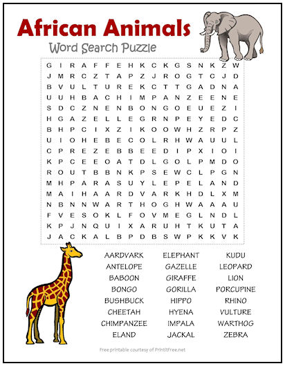 African Animals Word Search Puzzle