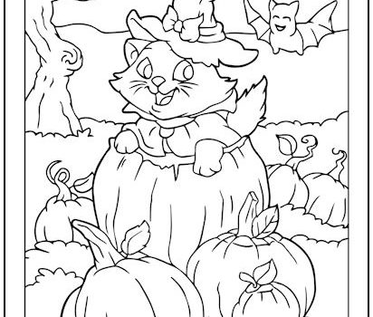 Pumpkin Patch Cat Halloween Coloring Page