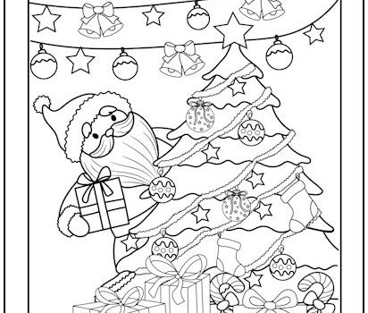 Santa at the Christmas Tree Coloring Page