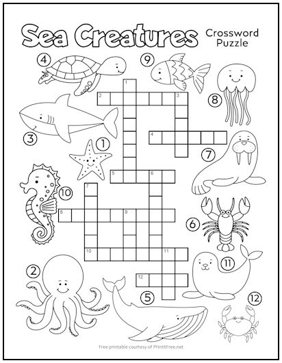 Sea Creatures Crossword Puzzle for Kids Print it Free