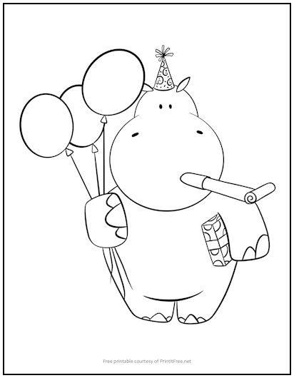 Birthday Party Hippo Coloring Page