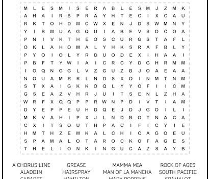 Broadway Musicals Word Search Puzzle