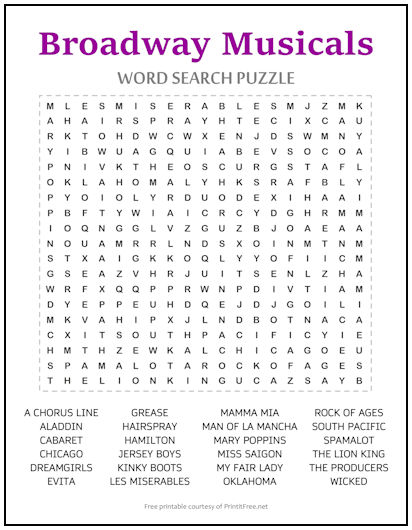 Broadway Musicals Word Search Puzzle Print It Free