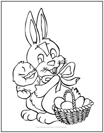 Easter Bunny with Chick Coloring Page | Print it Free
