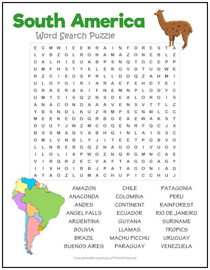 South America Word Search Puzzle