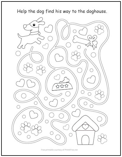 Printable worksheet for kids maze with a dog 