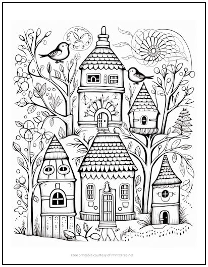 Whimsical Birdhouse Village Coloring Page