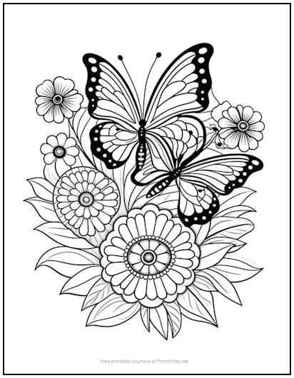 Butterflies and Flowers Coloring Page