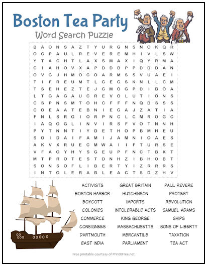 Boston Tea Party Word Search Puzzle