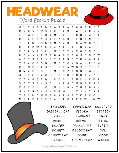 Headwear Word Search Puzzle