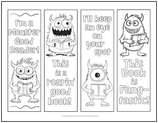 Monster Bookmarks to Color