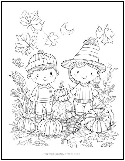 Harvest Kids Fall Coloring Page