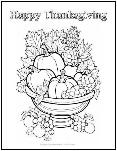 Happy Thanksgiving Harvest Bowl Coloring Page