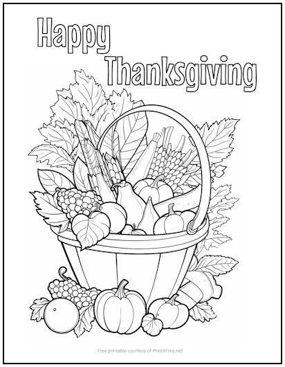 Happy Thanksgiving Basket Coloring Page