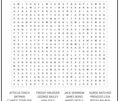 Memorable Film Characters Word Search Puzzle