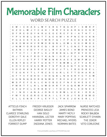 Memorable Film Characters Word Search Puzzle