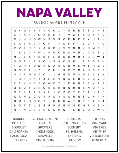 Napa Valley Word Search Puzzle