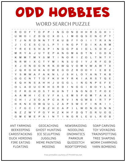 Odd Hobbies Word Search Puzzle