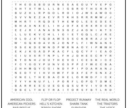 Reality Television Word Search Puzzle