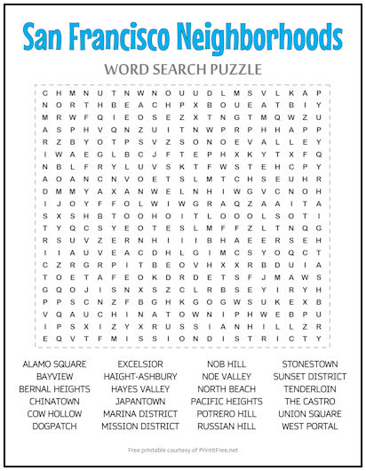 San Francisco Neighborhoods Word Search Puzzle