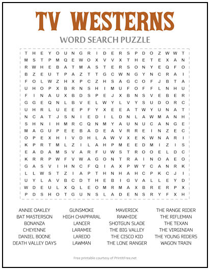 TV Westerns Word Search Puzzle